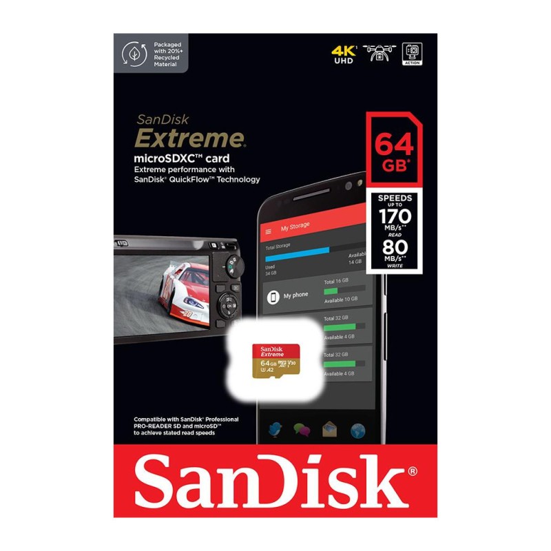 Карта памяти SanDisk 64GB microSD class 10 UHS-I U3 V30 Extreme (SDSQXAH-064G-GN6MN)