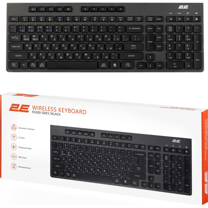 Клавиатура 2E KS280 Wireless/Bluetooth Black-Gray (2E-KS280WBGR_UA)