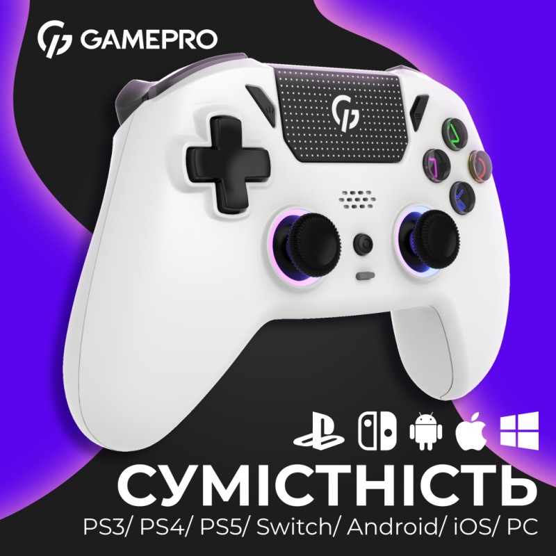 Геймпад GamePro GPS20W 2.4G/BT 5.1/USB (Switch/PC/PS/iOS/Android) RGB White (GPS20W)