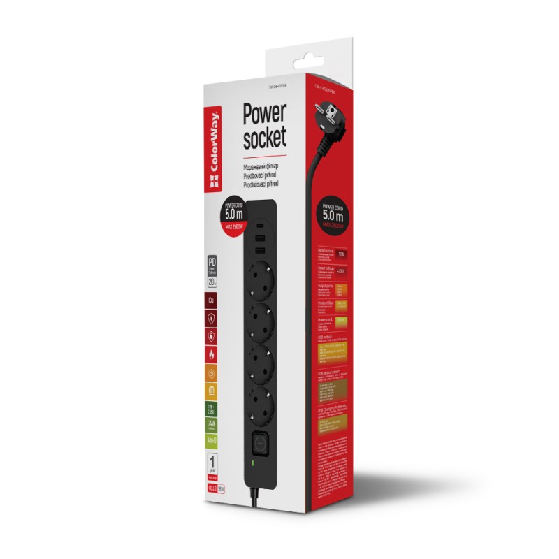 Сетевой фильтр питания ColorWay CW-CHE435PDB, 4 розетки/3USB 5M (CW-CHE435PDB)