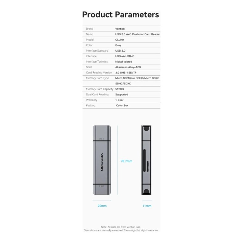 Считыватель флеш-карт Vention USB 3.0 AM/USB-C to SD+TF Gray Dual Drive Letter Aluminum Alloy (CLLH0)
