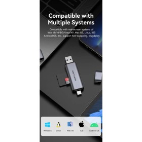 Считыватель флеш-карт Vention USB 3.0 AM/USB-C to SD+TF Gray Dual Drive Letter Aluminum Alloy (CLLH0)