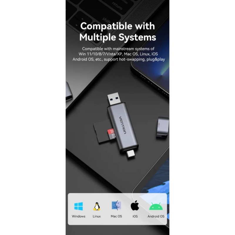 Считыватель флеш-карт Vention USB 3.0 AM/USB-C to SD+TF Gray Dual Drive Letter Aluminum Alloy (CLLH0)