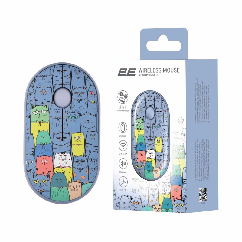 Мышка 2E MF300 PETSCATS Silent Wireless/Bluetooth Blue (2E-MF300WPETSBL)