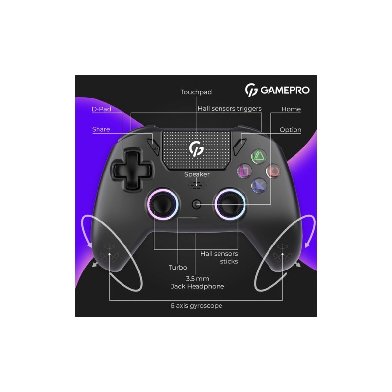 Геймпад GamePro GPS13B BT 5.3/USB/PC/iOS/Android/PS3/PS4 RGB Black (GPS13B)