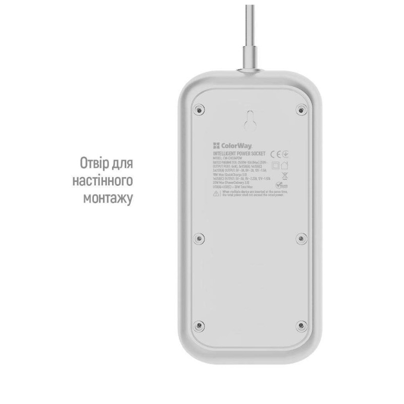 Мережевий фільтр живлення ColorWay CW-CHE64PDW, 6 розеток/4USB 2M (CW-CHE64PDW)