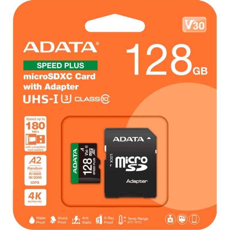 Карта пам'яті ADATA 128GB microSD class 10 UHS-I U3 V30 A2 Speed Plus (UD128GUI3V30A2SP-RA1)