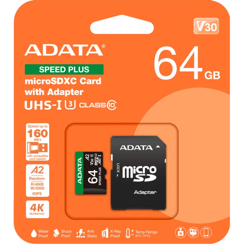 Карта пам'яті ADATA 64GB microSD class 10 UHS-I U3 V30 A2 Speed Plus (UD64GUI3V30A2SP-RA1)