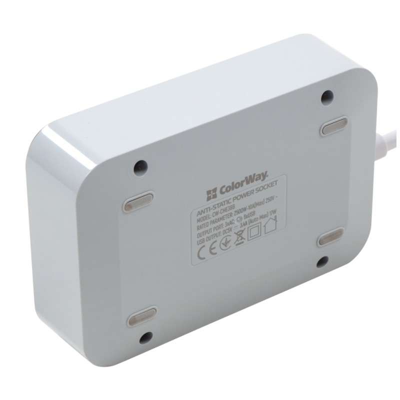 Сетевой фильтр питания ColorWay CW-CHЕ36B, 3 розетки/6USB Black 1.8M (CW-CHE36B)