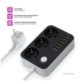 Сетевой фильтр питания ColorWay CW-CHЕ36B, 3 розетки/6USB Black 1.8M (CW-CHE36B)