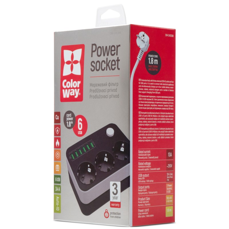 Сетевой фильтр питания ColorWay CW-CHЕ36B, 3 розетки/6USB Black 1.8M (CW-CHE36B)