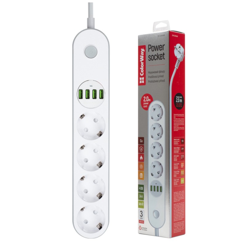Сетевой фильтр питания ColorWay CW-CHE44W, 4 розетки/4USB White 2M (CW-CHE44W)