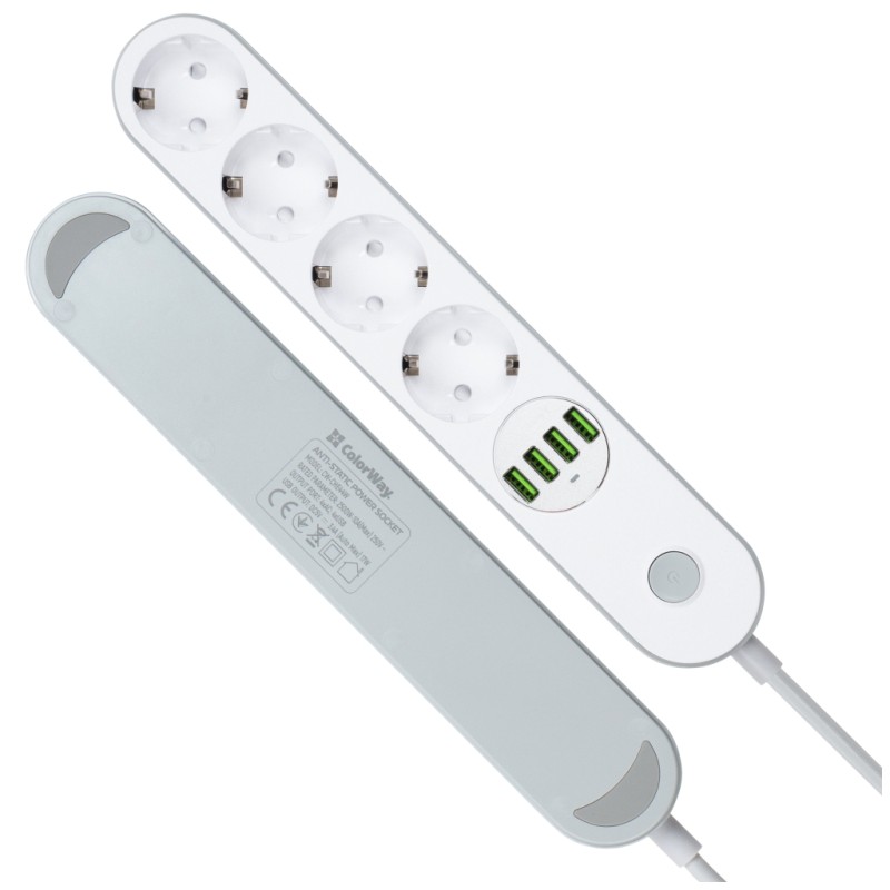 Сетевой фильтр питания ColorWay CW-CHE44W, 4 розетки/4USB White 2M (CW-CHE44W)