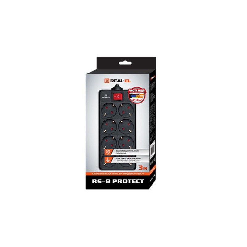 Мережевий фільтр живлення REAL-EL REAL-EL RS-8 PROTECT, 3m, black (EL122300022)