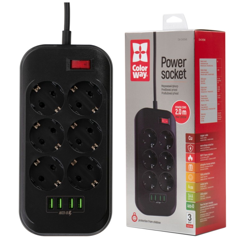 Сетевой фильтр питания ColorWay CW-CHE64B, 6 розеток/4USB Black (CW-CHE64B)