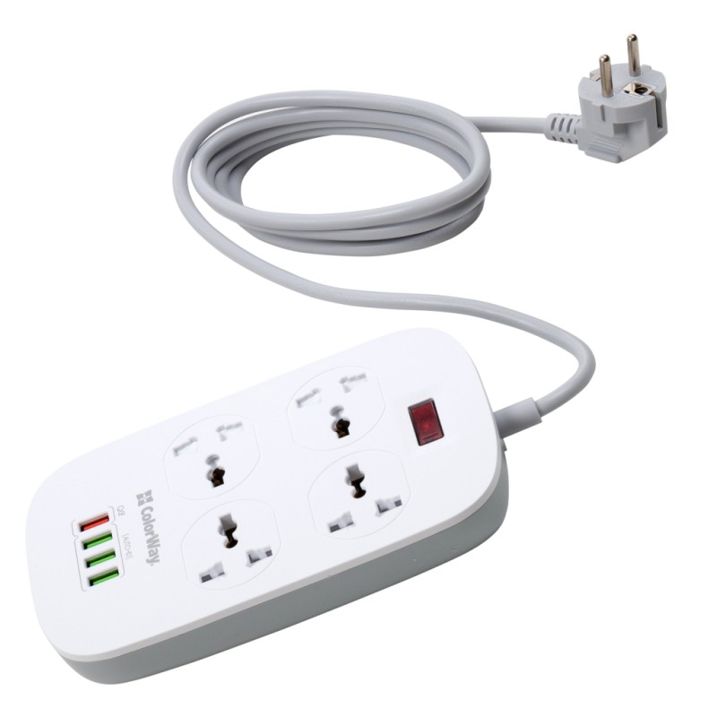 Сетевой фильтр питания ColorWay 4 розетки/4USB White 1.8м (1QC3.0 + 3 AUTO ID) (CW-CHU44QW)