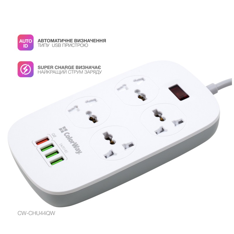 Сетевой фильтр питания ColorWay 4 розетки/4USB White 1.8м (1QC3.0 + 3 AUTO ID) (CW-CHU44QW)