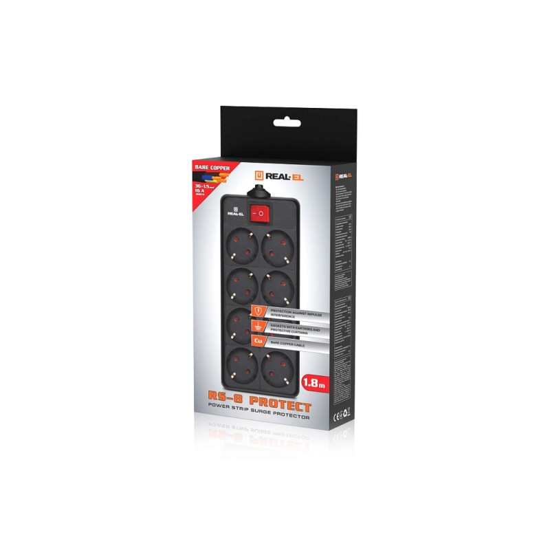 Сетевой фильтр питания REAL-EL RS-8 Protect 5m, black (EL122300024)
