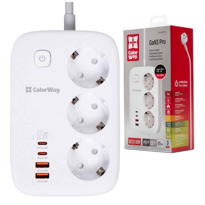 Сетевой фильтр питания ColorWay CW-CHE34PDW 3 розетки/4USB (CW-CHE34PDW)