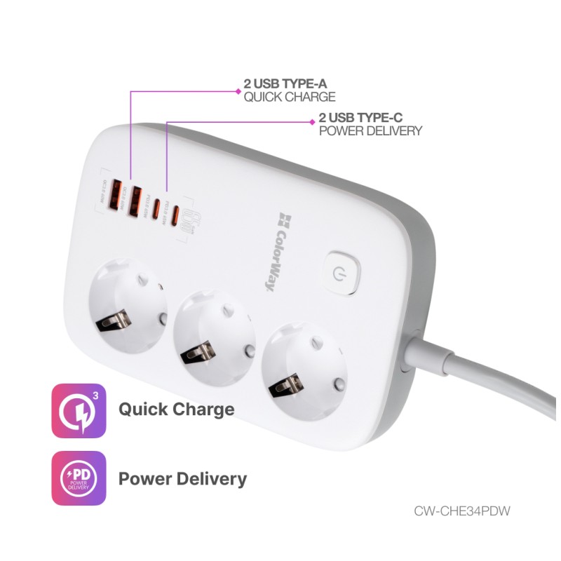Сетевой фильтр питания ColorWay CW-CHE34PDW 3 розетки/4USB (CW-CHE34PDW)