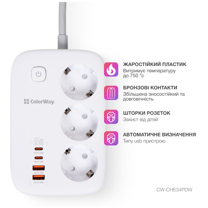 Сетевой фильтр питания ColorWay CW-CHE34PDW 3 розетки/4USB (CW-CHE34PDW)