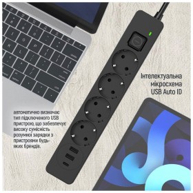 Сетевой фильтр питания ColorWay CW-CHE432PDB, 4 розетки/3USB 2M (CW-CHE432PDB)