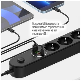 Сетевой фильтр питания ColorWay CW-CHE44PDB, 4 розетки/4USB 2M