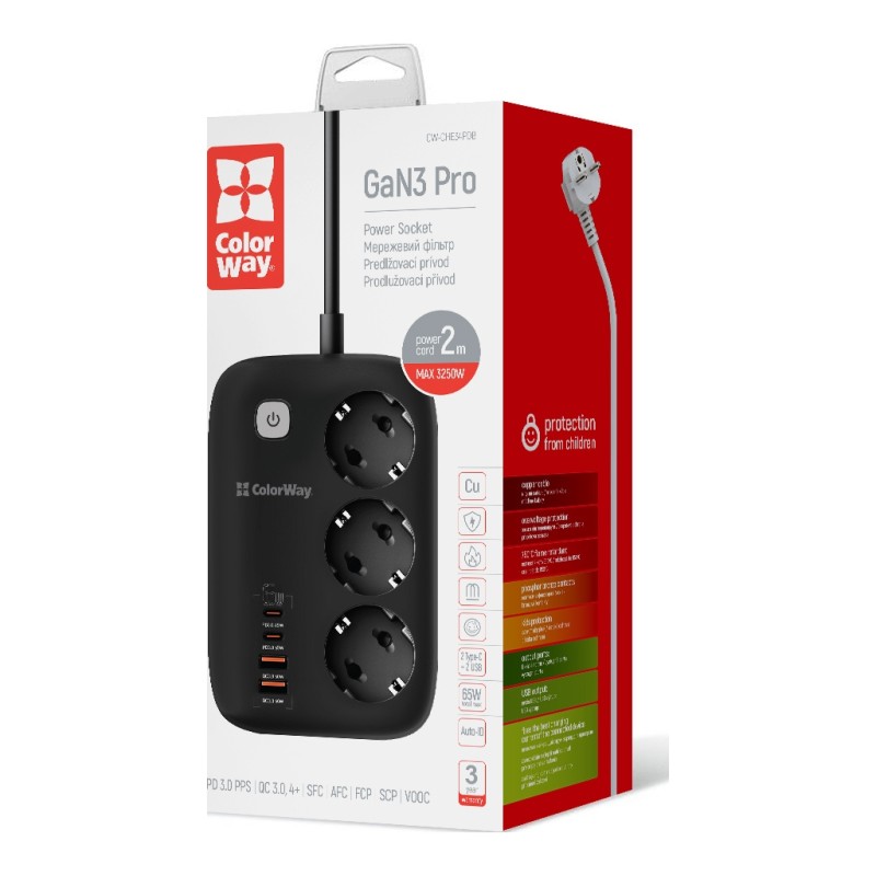 Сетевой фильтр питания ColorWay CW-CHE34PDB 3 роз/4USB GaN3 Pro (CW-CHE34PDB)