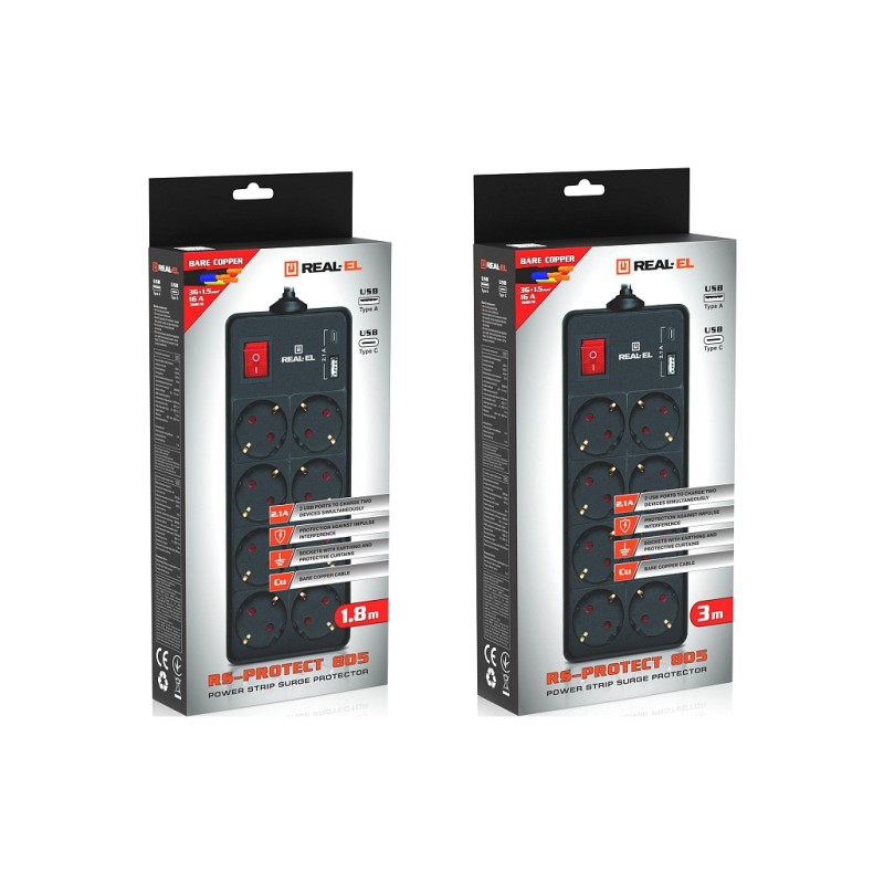 Сетевой фильтр питания REAL-EL RS-PROTECT 805 1.8m, black (EL122300042)