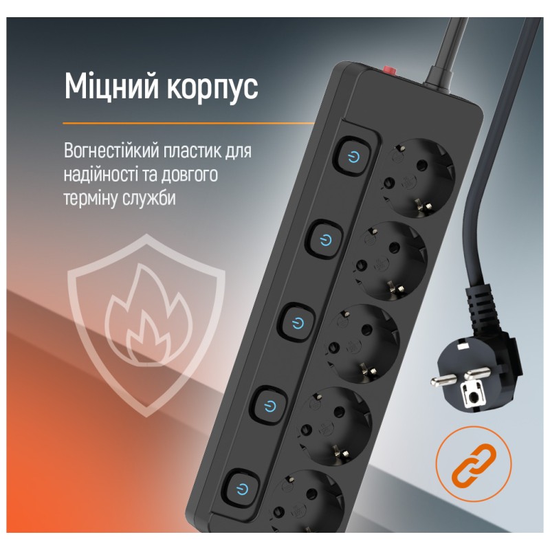 Мережевий фільтр живлення ColorWay CW-PSEA55SBK 5 розеток5м (CW-PSEA55SBK)