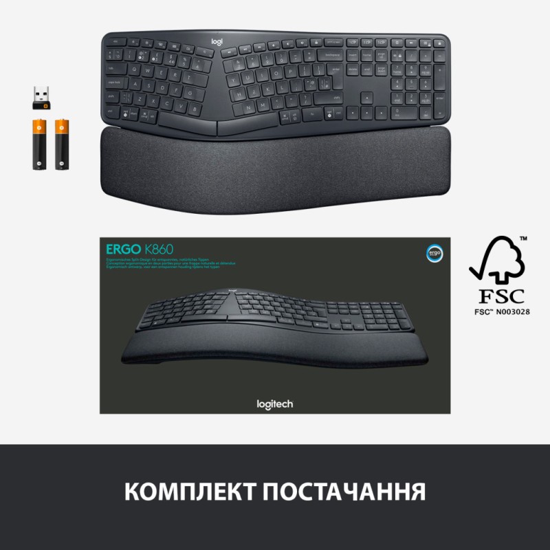 Клавиатура Logitech ERGO K860 Bluetooth/Wireless UA Black (920-010108)