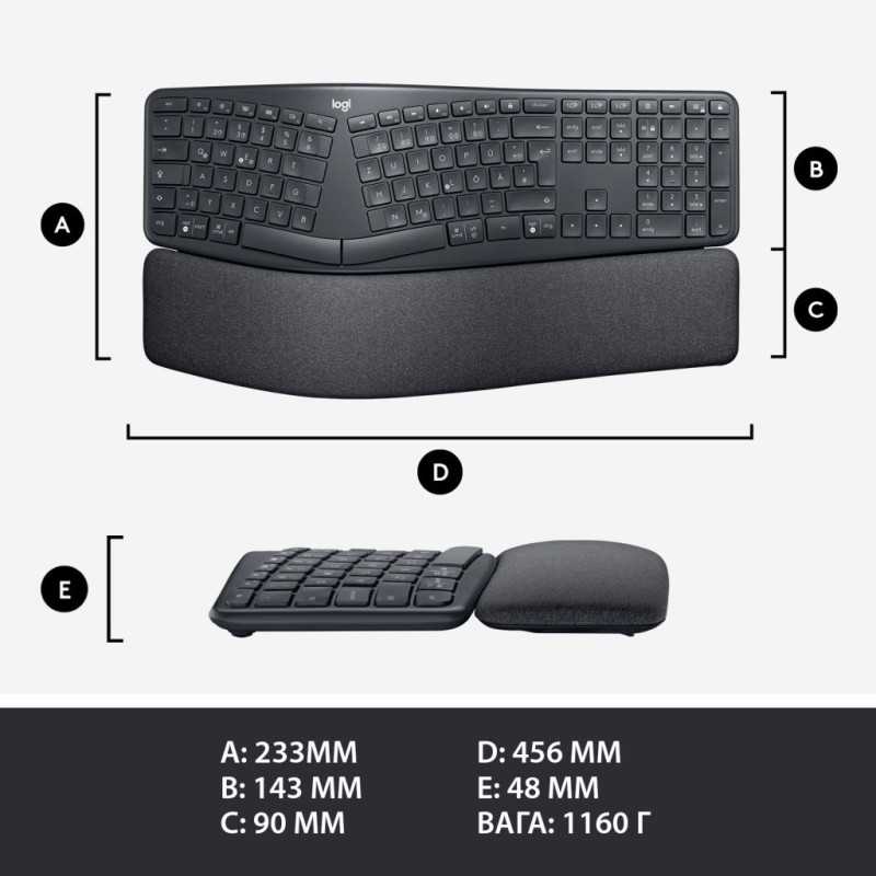 Клавиатура Logitech ERGO K860 Bluetooth/Wireless UA Black (920-010108)