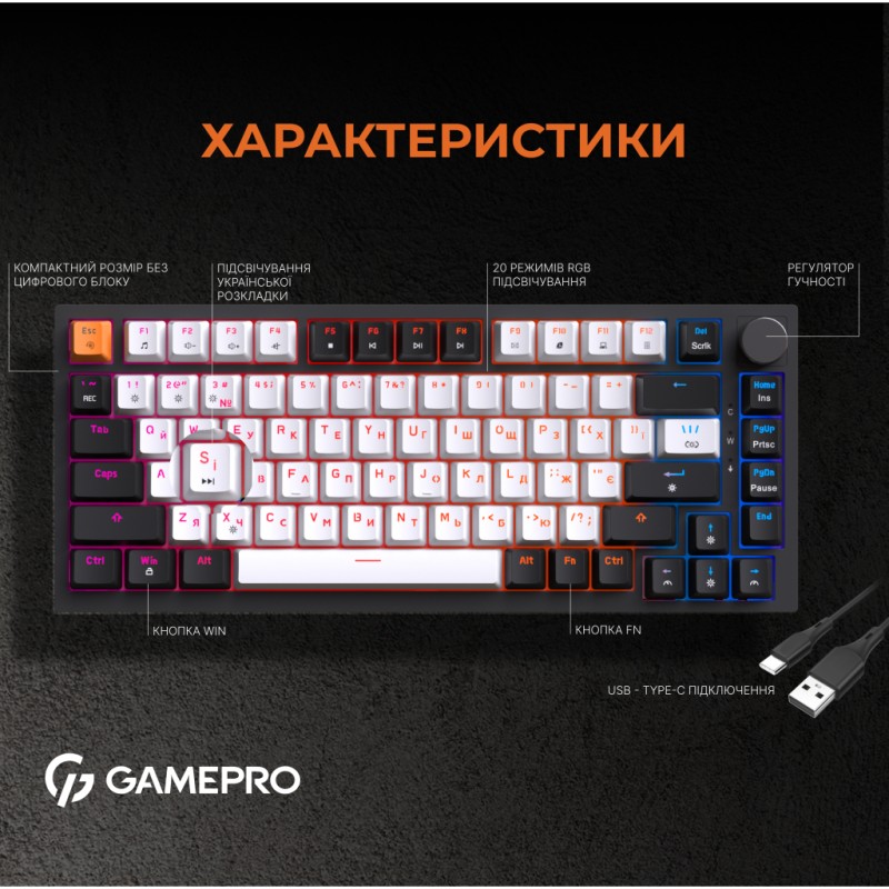 Клавіатура GamePro MK160B Hot-Swap Red Swich RGB USB UA Black (MK160B)