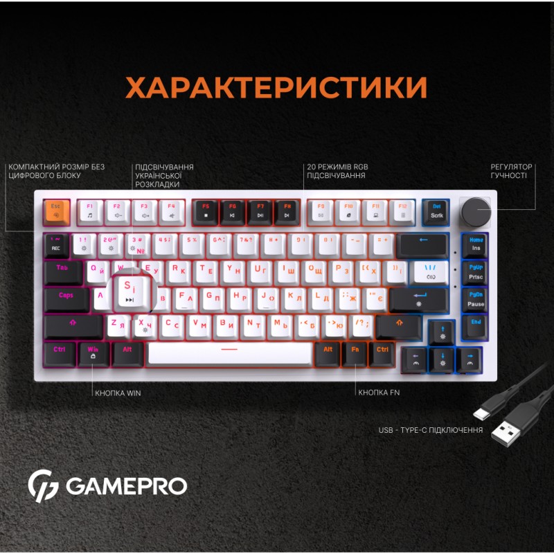 Клавиатура GamePro MK160W Hot-Swap Red Swich RGB USB UA White (MK160W)