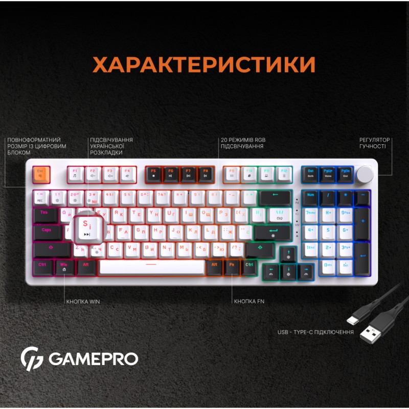 Клавиатура GamePro MK170W Hot-Swap Red Swich RGB USB UA White (MK170W)