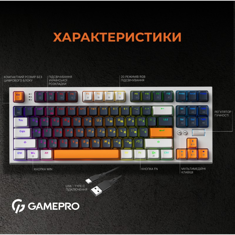 Клавиатура GamePro MK180W Hot-Swap Red Swich RGB USB UA White (MK180W)