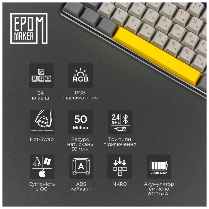 Клавиатура Epomaker EP64 60 Mulan Switch Hot-Swap RGB Wireless/Bluetooth/USB UA Black (EP64-B-M)