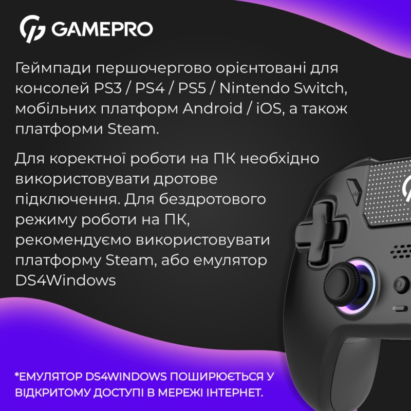 Геймпад GamePro GPS20B 2.4G/BT 5.1/USB (Switch/PC/PS/iOS/Android) RGB Black (GPS20B)