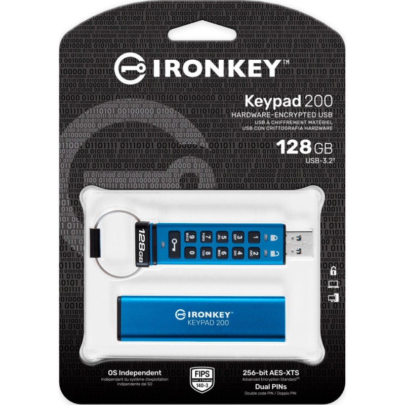 USB флеш накопитель Kingston 128GB IronKey Keypad 200 AES-256 Encrypted Blue USB 3.2 (IKKP200/128GB)