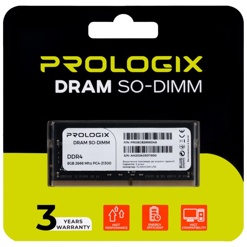 Модуль памяти для ноутбука SoDIMM DDR4 8GB 2666 MHz Prologix (PRO8GB2666D4S)