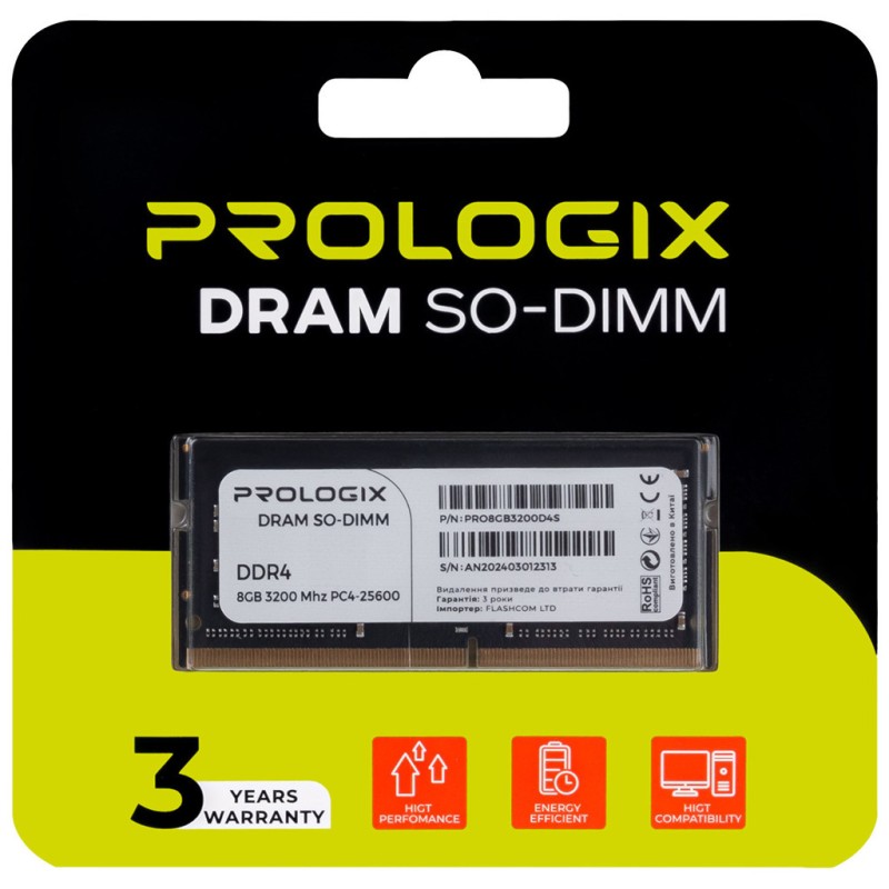 Модуль памяти для ноутбука SoDIMM DDR4 8GB 3200 MHz Prologix (PRO8GB3200D4S)