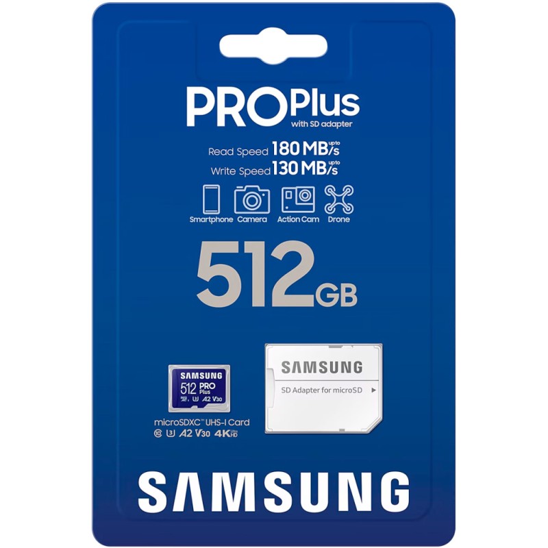 Карта памяти Samsung 512 GB microSDXC Pro Plus UHS-I U3 V30 A2 Class 10 + SD-adap (MB-MD512SA/EU)