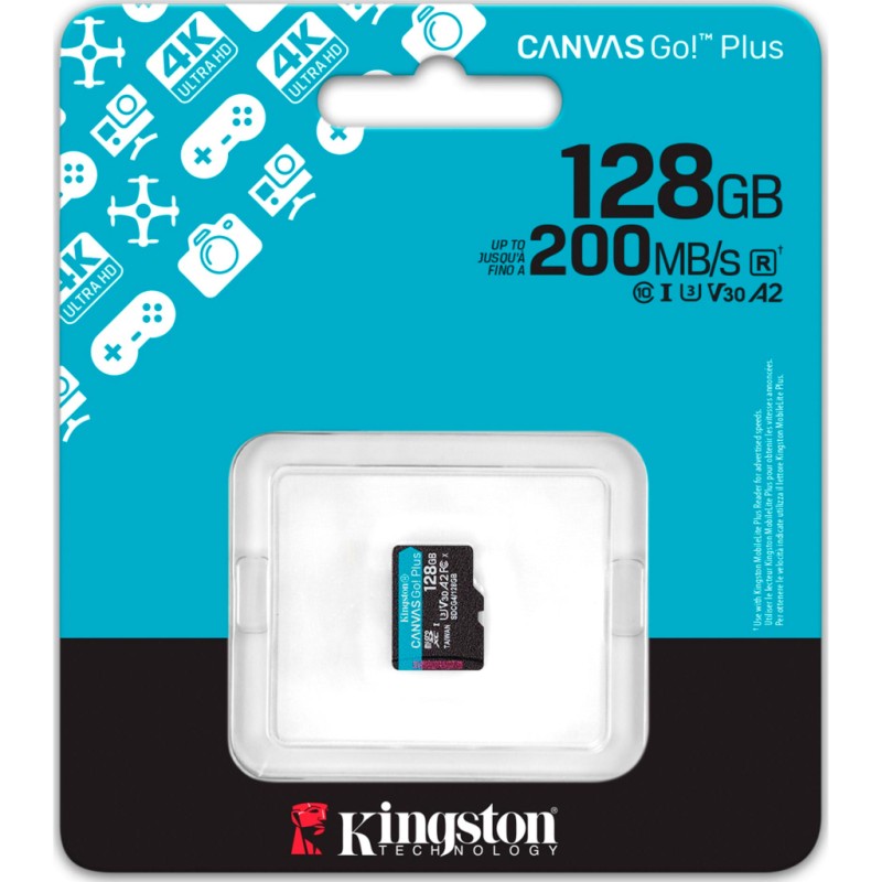 Карта памяти Kingston 128GB microSDXC сlass 10 UHS-I U3 V30 A2 Canvas Go Plus G4 (SDCG4/128GBSP)