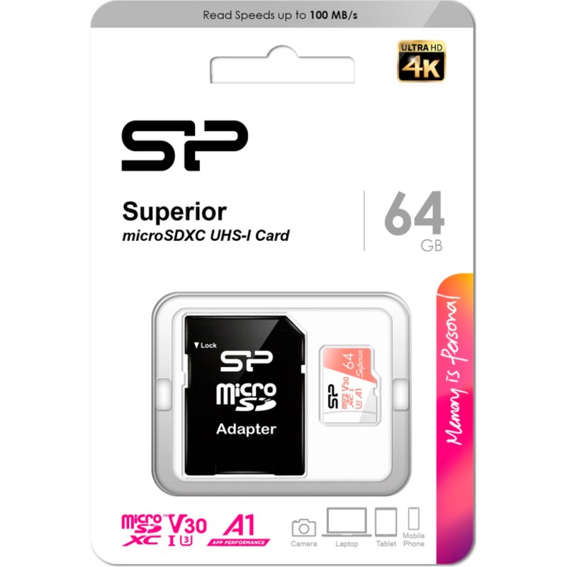 Карта памяти Silicon Power 64GB microSDXC class 10 UHS-I U3 V30 A1 Superior (SP064GBSTXDV3V20SP)