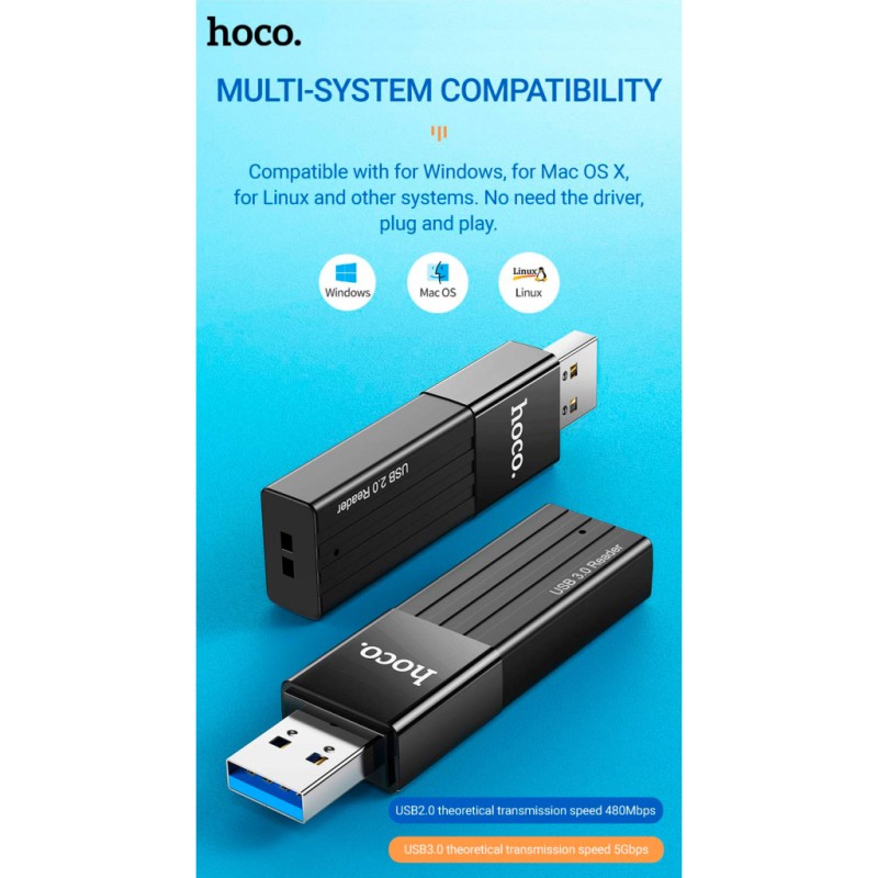Считыватель флеш-карт HOCO USB3.0 to microSD, microSDHC, microSDXC, SD, SDHC, SDXC, HB20 Black (6931474735218)
