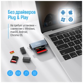 Считыватель флеш-карт ColorWay USB 2.0/USB-C to CF/SD/MicroSD (CW-CR-01)
