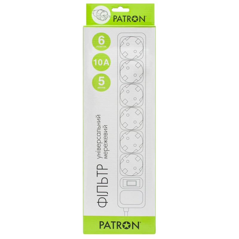 Сетевой фильтр питания Patron 5m (SP-1065W), 6 розеток White (EXT-PN-SP-1065W)