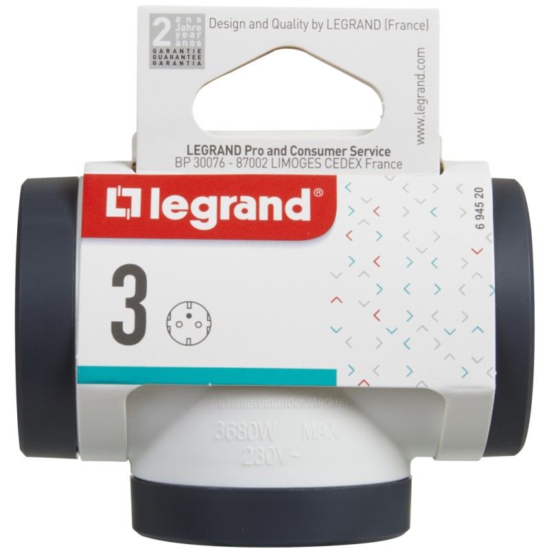 Мережевий розгалужувач Legrand ПРЕМІУМ 3х2К+З бокові розетки, колір Білий/Чорний (694520)