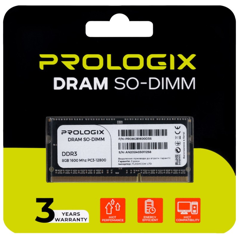 Модуль памяти для ноутбука SoDIMM DDR3 8GB 1600 MHz Prologix (PRO8GB1600D3S)