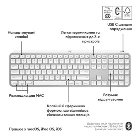 Клавиатура Logitech MX Keys S для MAC Bluetooth/Wireless UA Pale Grey (920-011638)
